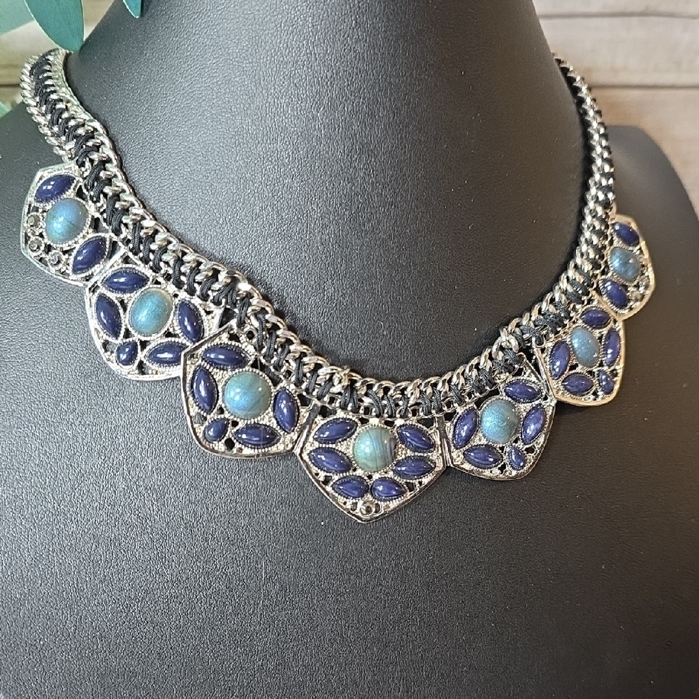 Silvertone and Blue Statement Necklace in Western Vibe
